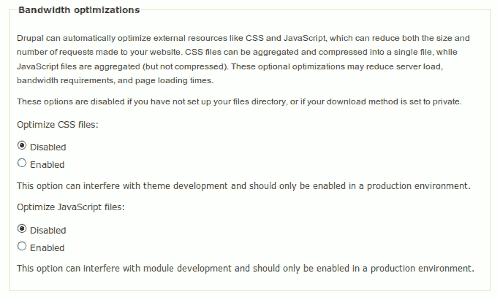 CSS and JS file optimization on Performance configuration page.